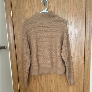Tan Cowl Neck Sweater with Textured Knit Pattern